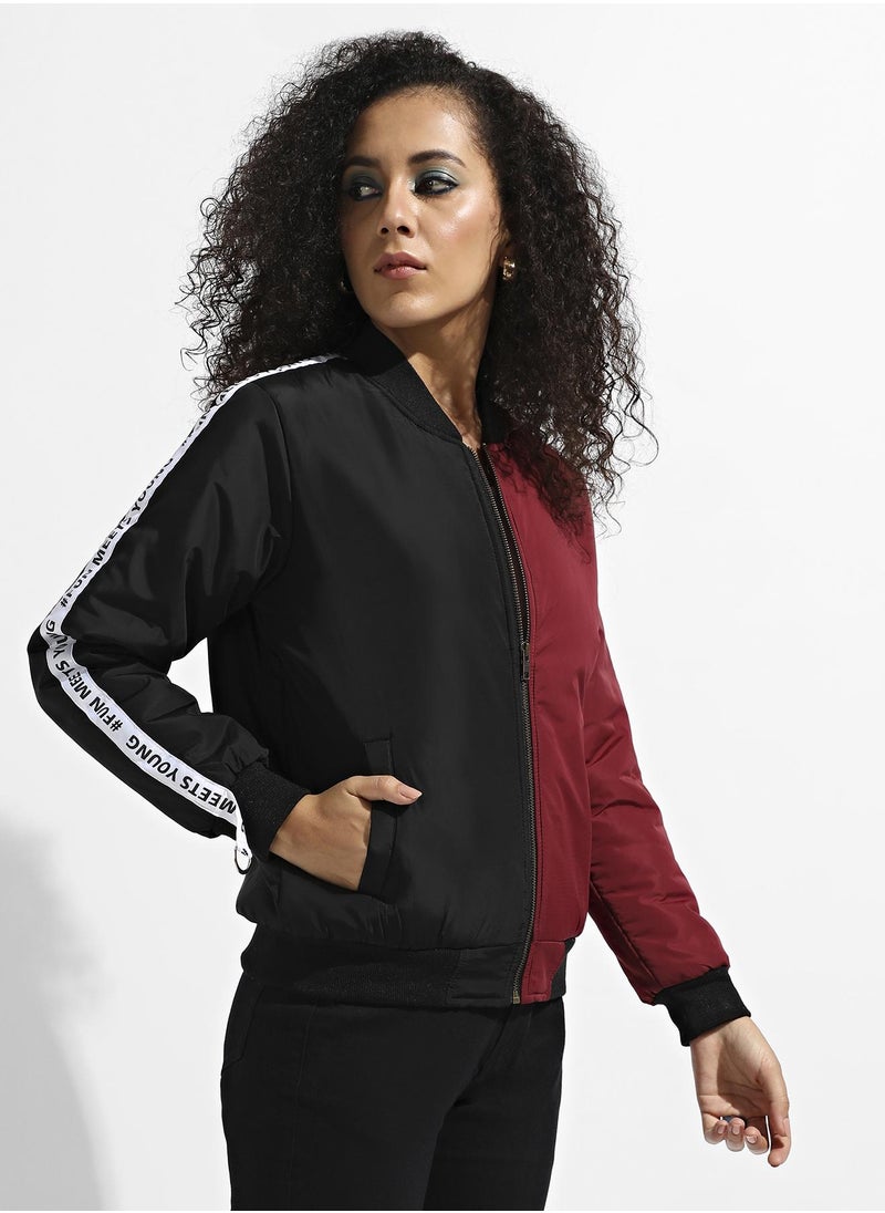 Campus Sutra Women's Black & Maroon Zip-Front Colourblock Bomber Jacket  - Image 3