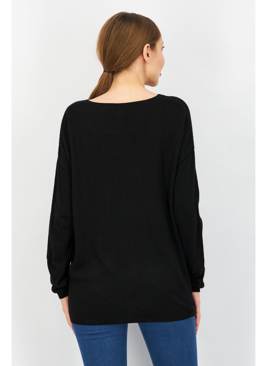 ESPRIT Women V-Neck Long Sleeve Textured Sweater, Black  - Image 2