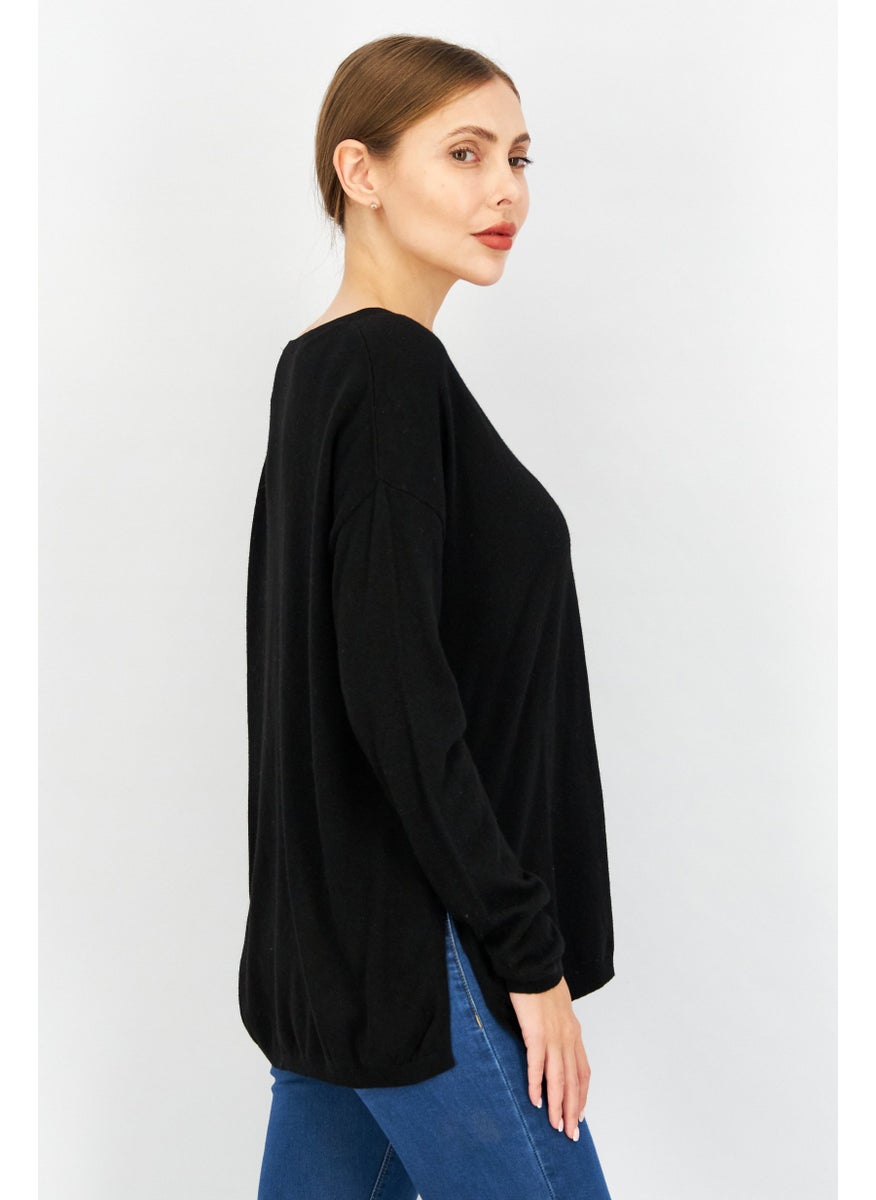 ESPRIT Women V-Neck Long Sleeve Textured Sweater, Black  - Image 3