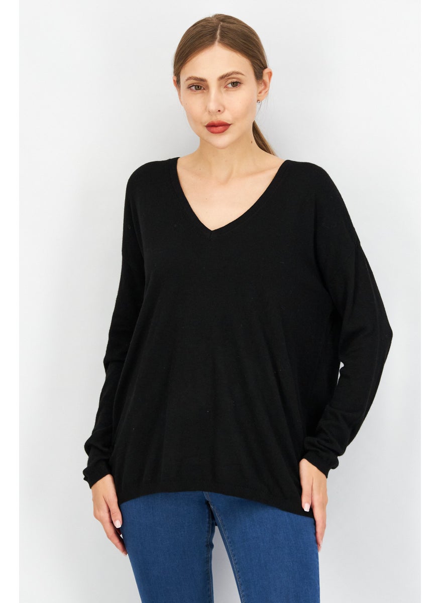 ESPRIT Women V-Neck Long Sleeve Textured Sweater, Black  - Image 1