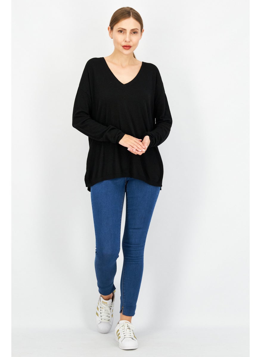 ESPRIT Women V-Neck Long Sleeve Textured Sweater, Black  - Image 4