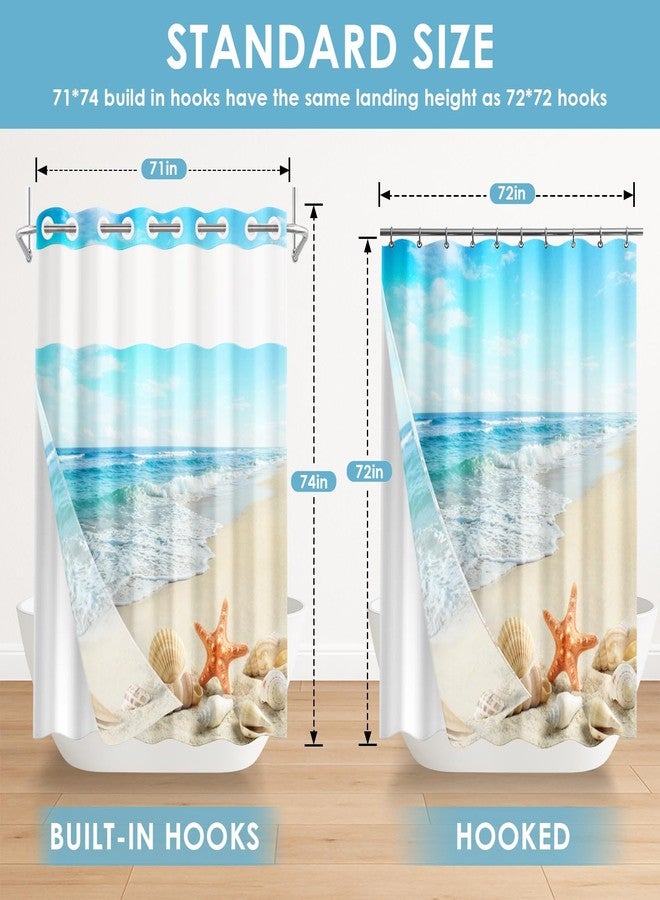 Nesphy ستارة حمام نيسفي بدون خطافات بنقشة نجم البحر الشاطئية مع بطانة قماشية قابلة للتركيب، ستارة حمام صيفية مزدوجة الطبقات مقاومة للماء بنقشة صدفة البحر مع نافذة علوية شفافة وفتحات معدنية، مقاس 71 × 74 بوصة - Image 2