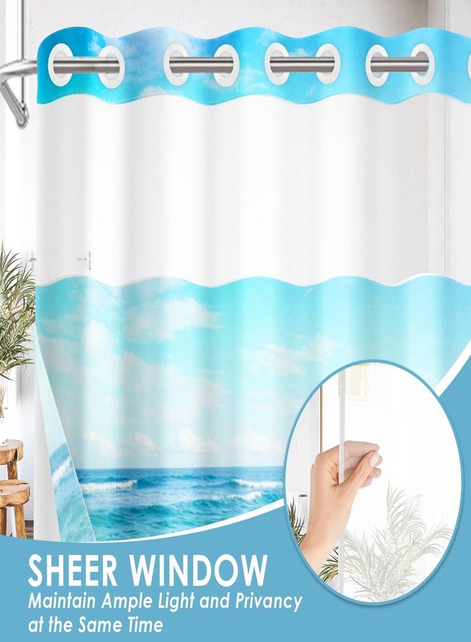 Nesphy ستارة حمام نيسفي بدون خطافات بنقشة نجم البحر الشاطئية مع بطانة قماشية قابلة للتركيب، ستارة حمام صيفية مزدوجة الطبقات مقاومة للماء بنقشة صدفة البحر مع نافذة علوية شفافة وفتحات معدنية، مقاس 71 × 74 بوصة - Image 5