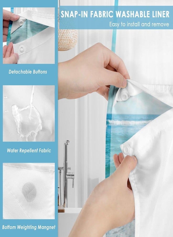 Nesphy ستارة حمام نيسفي بدون خطافات بنقشة نجم البحر الشاطئية مع بطانة قماشية قابلة للتركيب، ستارة حمام صيفية مزدوجة الطبقات مقاومة للماء بنقشة صدفة البحر مع نافذة علوية شفافة وفتحات معدنية، مقاس 71 × 74 بوصة - Image 4