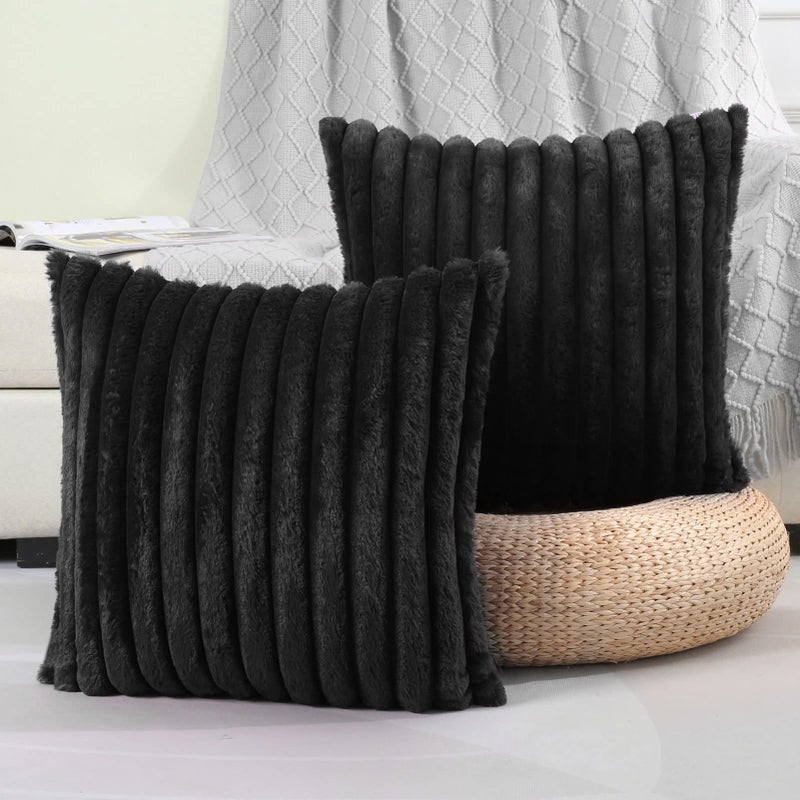 FUTEI Black Striped Decorative Throw Pillow Covers 20x20 Inch Set of 2Square Spring Decorations Couch Pillow CaseSoft Cozy Faux Rabbit Fur  Velvet BackModern Home Decor for Bed