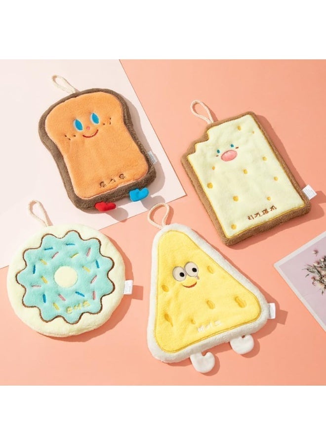 kitchen towels(Pack Of 4) in four distinct shapes using coral fleece, decorated with donut, toast, and cheesecake motifs for decorative appeal and practicality. - Image 1