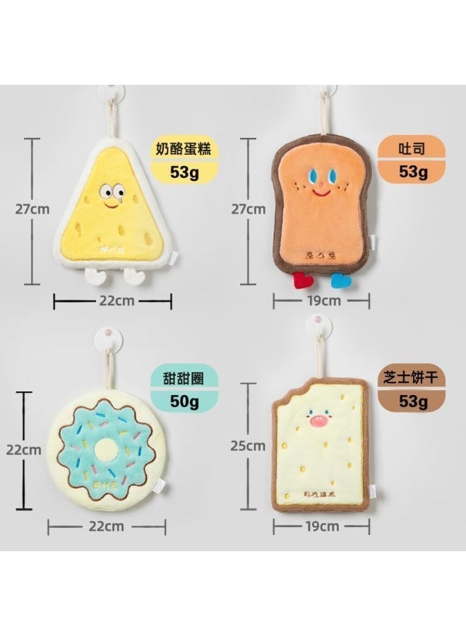 kitchen towels(Pack Of 4) in four distinct shapes using coral fleece, decorated with donut, toast, and cheesecake motifs for decorative appeal and practicality. - Image 2