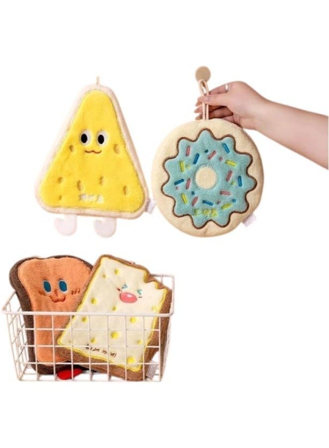 kitchen towels(Pack Of 4) in four distinct shapes using coral fleece, decorated with donut, toast, and cheesecake motifs for decorative appeal and practicality. - Image 3