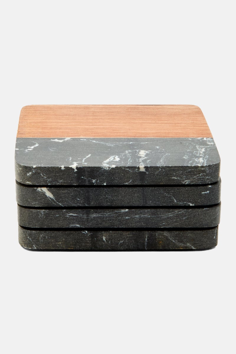 Bombay 4 Pieces Acacia Marble Coaster Set, Black/Tan - Image 1