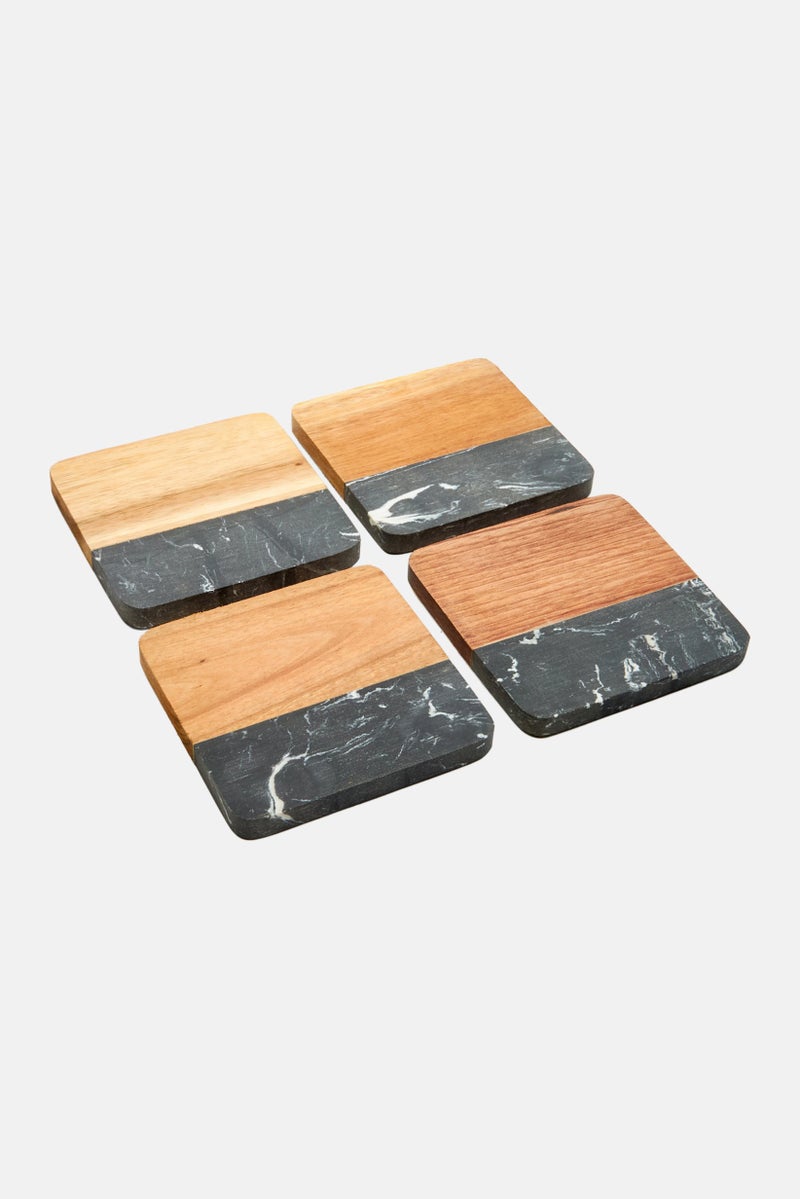 Bombay 4 Pieces Acacia Marble Coaster Set, Black/Tan - Image 3