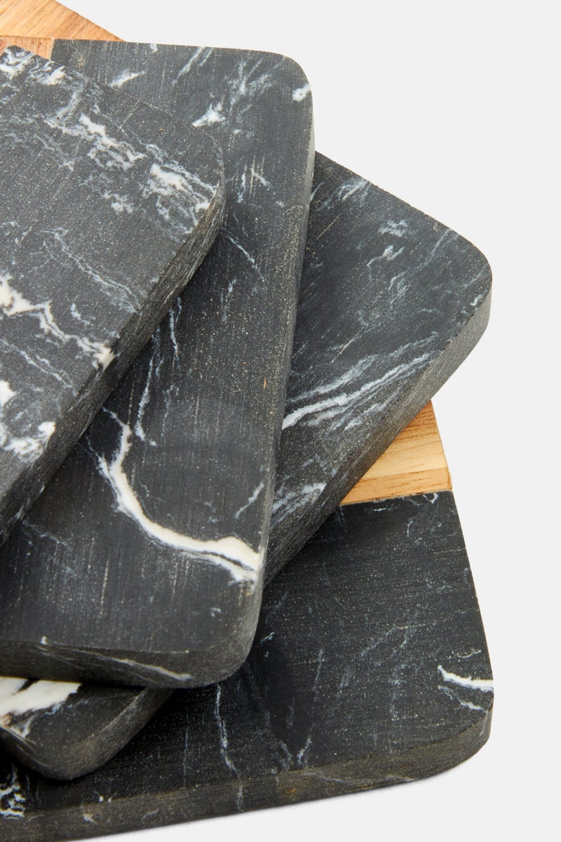 Bombay 4 Pieces Acacia Marble Coaster Set, Black/Tan - Image 3