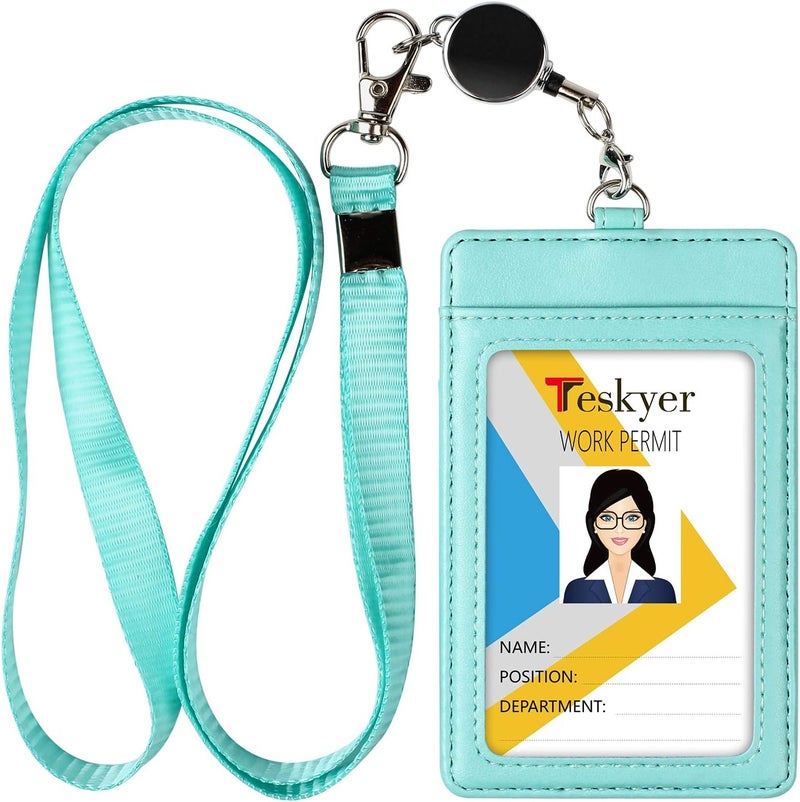 Teskyer Leather Badge Holder with Lanyard and Badge Reel, Retractable Lanyard ID Card Holder for Office School Name Work IDs, Green - Image 1