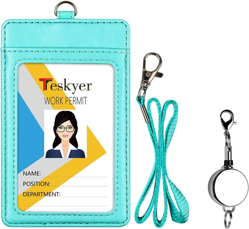 Teskyer Leather Badge Holder with Lanyard and Badge Reel, Retractable Lanyard ID Card Holder for Office School Name Work IDs, Green - Image 2