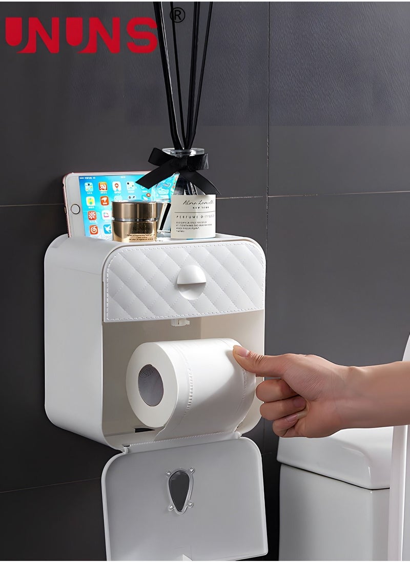 UNUNS - Toilet Paper Holder Tissue Box Shelf, Wall Mounted Double Waterproof Tissue Box with Drawer, Large Heavy Duty Toilet Paper Roll Storage Dispenser for Kitchen Bathroom Washroom White - Image 1