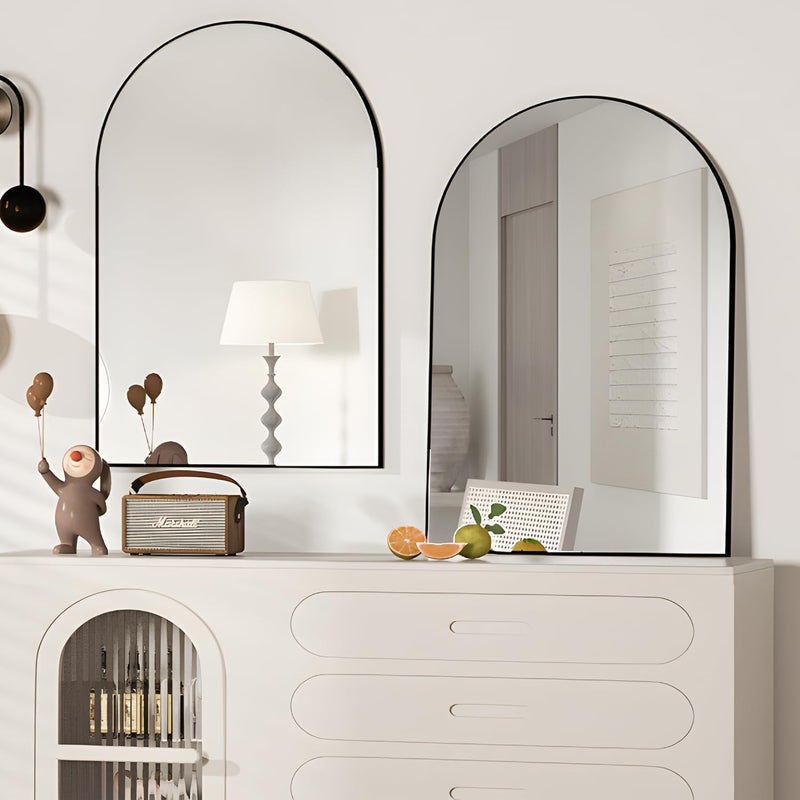 CASSILANDO مرآة مقوسة، مقاس 24×36 إنش؛ مرآة لحمام بتصميم مقوس، مرآة مثبتة على الحائط بشكل فريد، مرآة سوداء لغرفة المعيشة، إطار معدني، بلون ذهبي. - Image 4