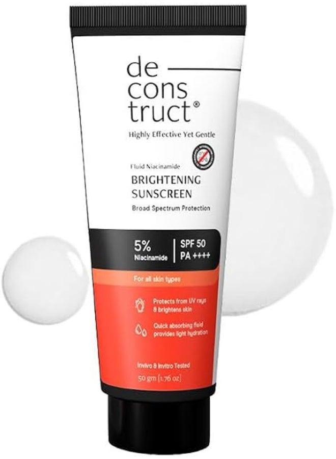 واقي شمس Deconstruct Brightening & Glow بعامل حماية SPF 50+ و PA++++ | واقي شمس بلمسة ندية | للبشرة الجافة | مقاوم للماء، لا يترك طبقة بيضاء، سريع الامتصاص | للنساء والرجال | 50 غرام