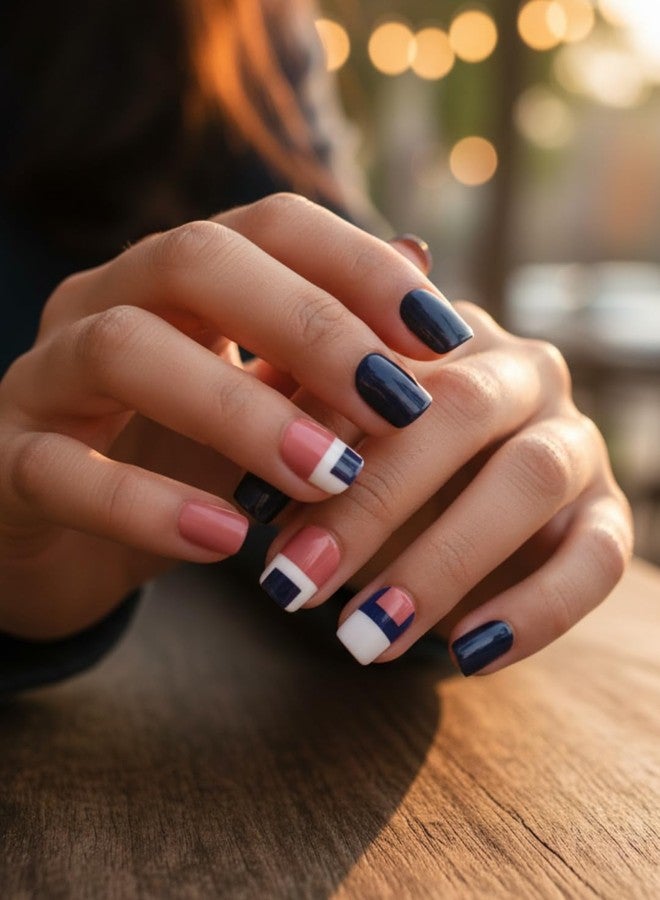 ليك أظافر اصطناعية قابلة لإعادة الاستخدام من ليك - اضغط على الأظافر، 30 قطعة، مع مجموعة أدوات التطبيق، شكل مربع، أزرق داكن ووردي لوزي (عبوة من 30 قطعة) - Image 1