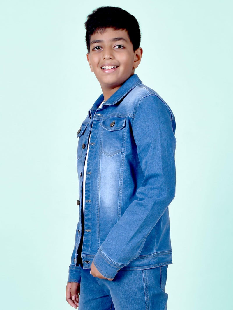 KiddoPanti Boys Denim Jacket | Cotton Poly Blend with Lycra | Washed Denim, Full Sleeve | Button Closure & Front Flap Pockets | Collared Neck, Mid Wash - 4-6Years, Standard Length - Image 4