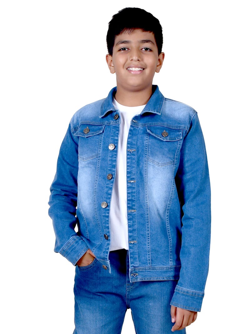 KiddoPanti Boys Denim Jacket | Cotton Poly Blend with Lycra | Washed Denim, Full Sleeve | Button Closure & Front Flap Pockets | Collared Neck, Mid Wash - 4-6Years, Standard Length - Image 1
