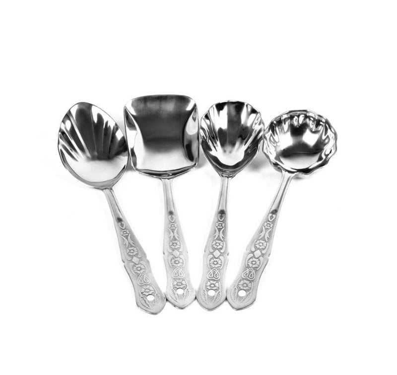faas Heavy Gauge of 4 Serving Spoon -Stainless Steel Serving Spoon Set for Dining | Spatula Set - 1 Ladle Karchi, 2 Solid Spoons Chamcha, and 1 Rice Spoon (Set of 4) (25 Centimeter) - Image 1