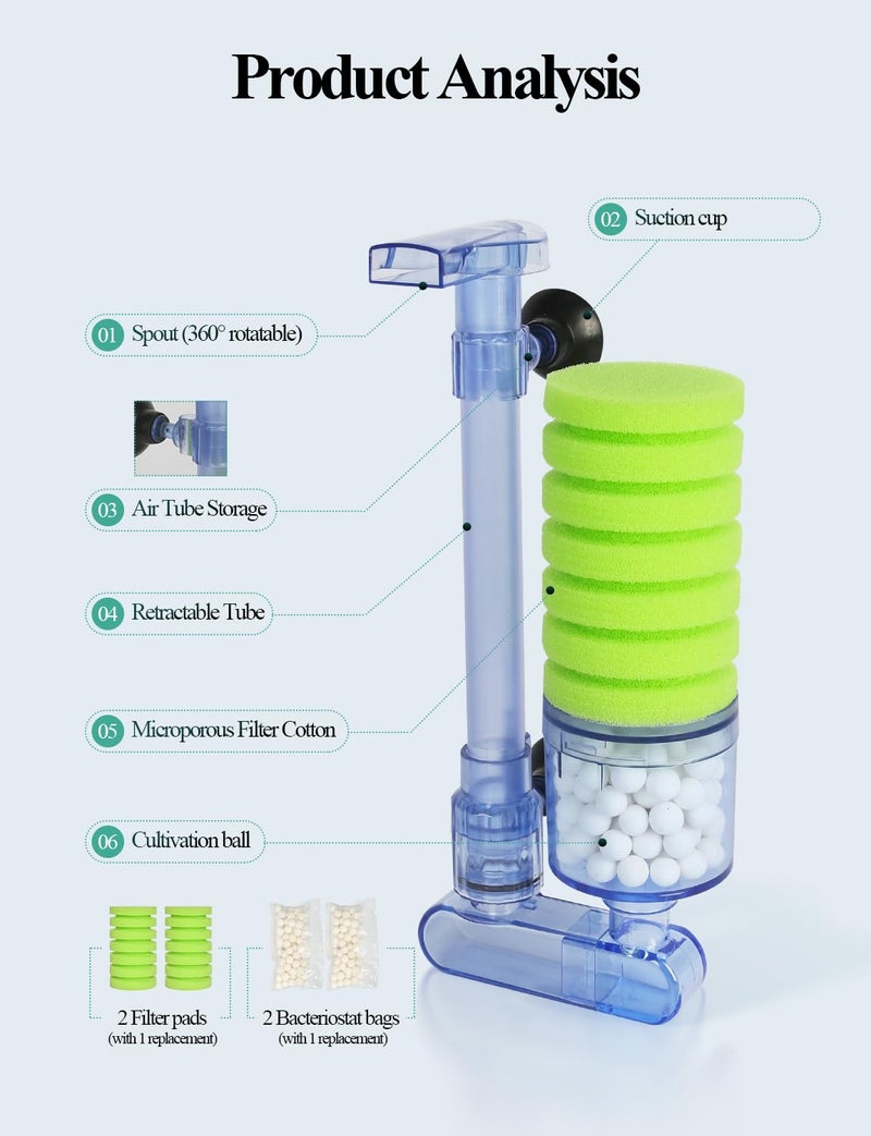 UPETTOOLS Aquarium Biochemical Sponge Filter Ultra Quiet Aquarium Air Pump Bio Sponge Fish Tank Foam Filter Comes with 2 Sponges 2of Bio Ceramic Media Balls - Image 3