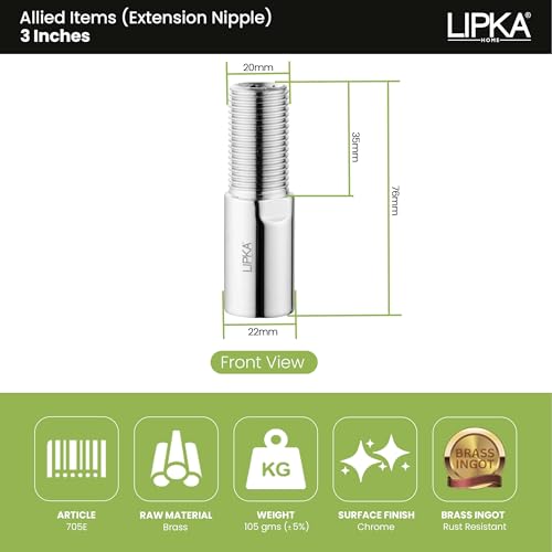 Lipka Full Brass Extension Nipple (3 inches) for Pipe Fittings | Pack of 1 | Chrome Finish - Image 2