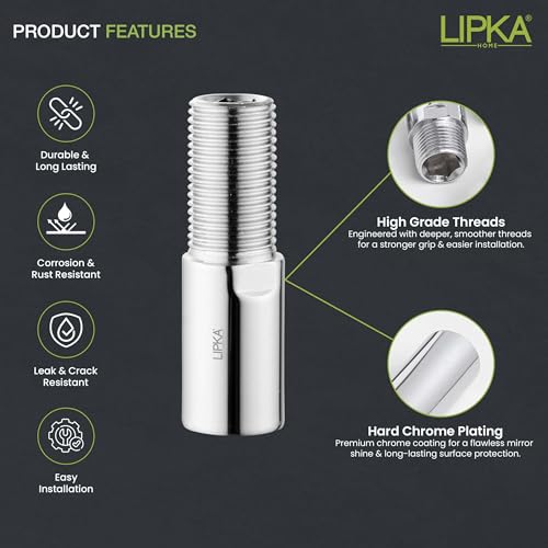 Lipka Full Brass Extension Nipple (3 inches) for Pipe Fittings | Pack of 1 | Chrome Finish - Image 3