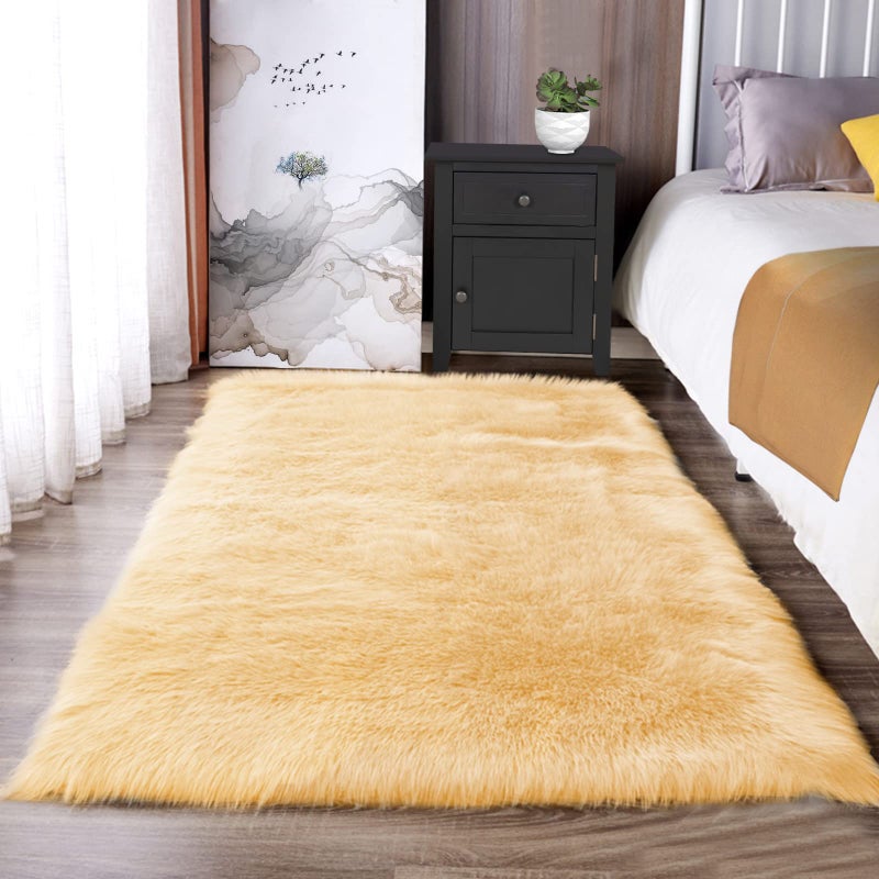 Latepis Yellow Rug for Bedroom 3x5 Area Bedside Rug Faux Sheepskin Fur Rugs for Living Room DÃ©cor Boho Rugs, Rectangle - Image 1
