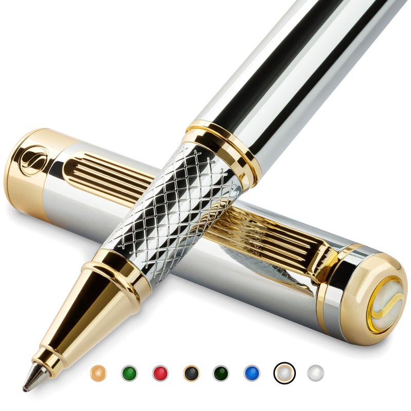 Scriveiner Silver Chrome Rollerball Pen - Stunning Luxury Pen with 24K Gold Finish, Schmidt Ink Refill, Best Roller Ball Pen Gift Set for Men & Women, Professional, Executive Office, Nice, Fancy Pens - Image 1