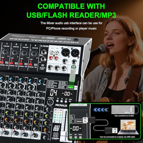 MICNAUX Audio Mixer 6 Channel Professional Sound Mixer Console with 99 DSP Effects, Mixing Board DJ Mixer w/USB, Bluetooth, 48V Power Supply, PAD Button for Recording Karaoke PA Drum Live Music - Image 3