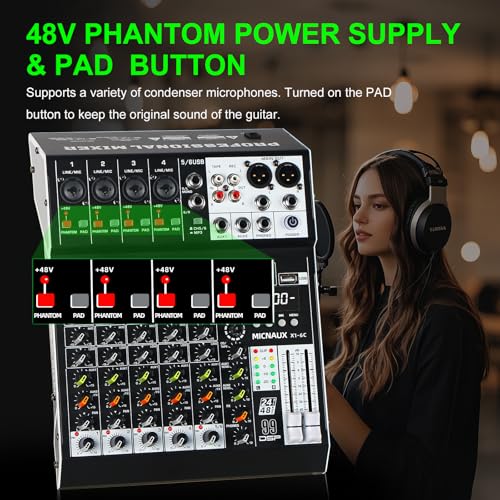 MICNAUX Audio Mixer 6 Channel Professional Sound Mixer Console with 99 DSP Effects, Mixing Board DJ Mixer w/USB, Bluetooth, 48V Power Supply, PAD Button for Recording Karaoke PA Drum Live Music - Image 5