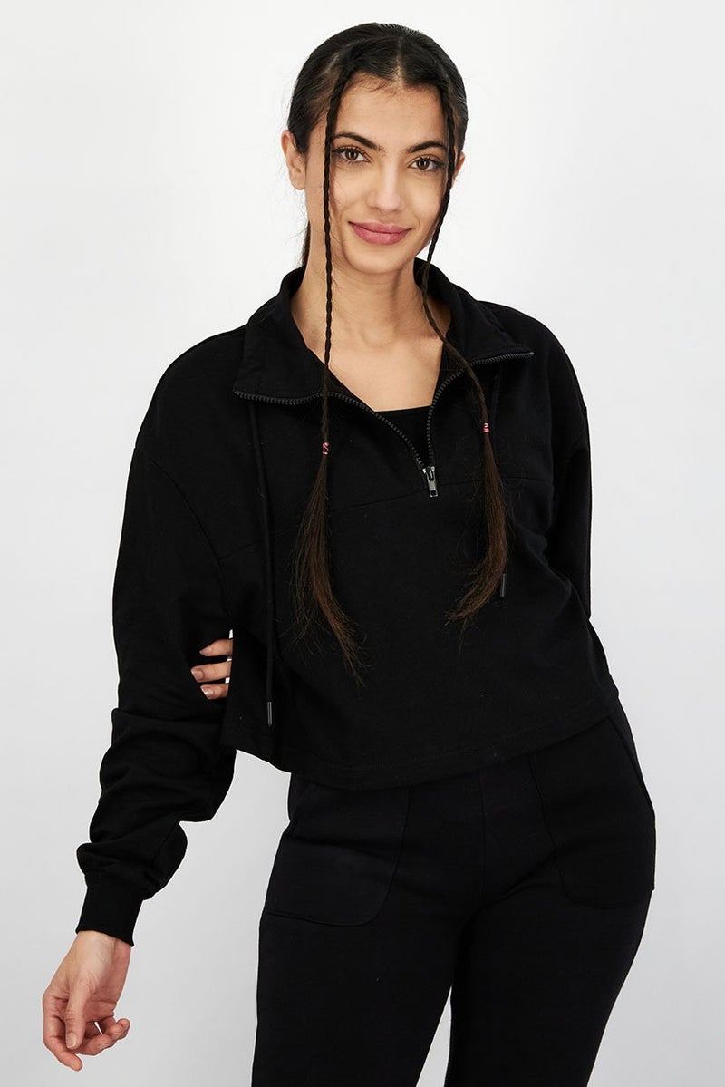 XOXO Women Half Zip Plain Sweaters, Black - Image 1