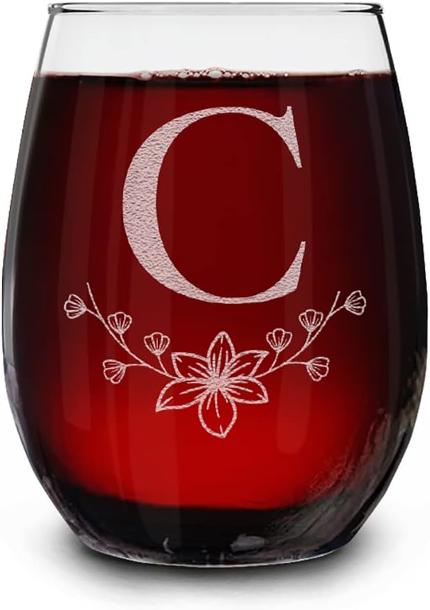 Shop4Ever Floral Monogram Engraved Initial Letter Stemless Wine Glass 15 oz Personalized Monogrammed Custom Gift C  - Image 1