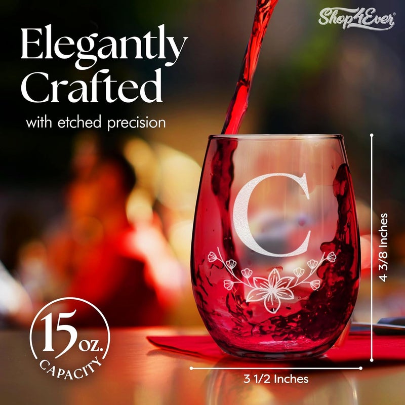 Shop4Ever Floral Monogram Engraved Initial Letter Stemless Wine Glass 15 oz Personalized Monogrammed Custom Gift C  - Image 3