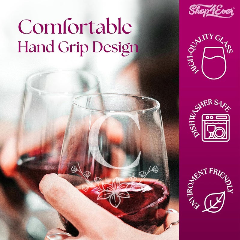Shop4Ever Floral Monogram Engraved Initial Letter Stemless Wine Glass 15 oz Personalized Monogrammed Custom Gift C  - Image 4