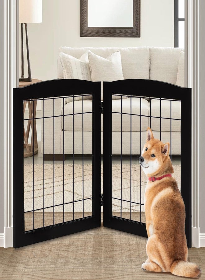 LZRS 2-Panel Freestanding Foldable Wood Dog Gate – Solid Wood & Steel Wire, Chew-Resistant Pet Barrier for Indoor Use, Ideal for Small to Medium Dogs, Black - Image 1