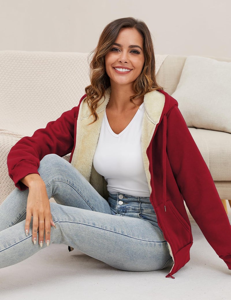 Gihuo Women's Sherpa Lined Hooded Sweatshirt Zip Up Winter Warm Hoodie Comfy Hooded Fleece Jacket (US, Alpha, X-Large, Regular, Regular, Winered) - Image 5