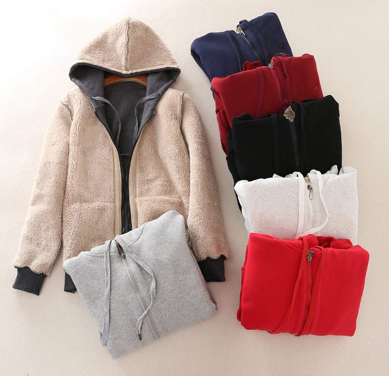 Gihuo Women's Sherpa Lined Hooded Sweatshirt Zip Up Winter Warm Hoodie Comfy Hooded Fleece Jacket (US, Alpha, X-Large, Regular, Regular, Winered) - Image 4