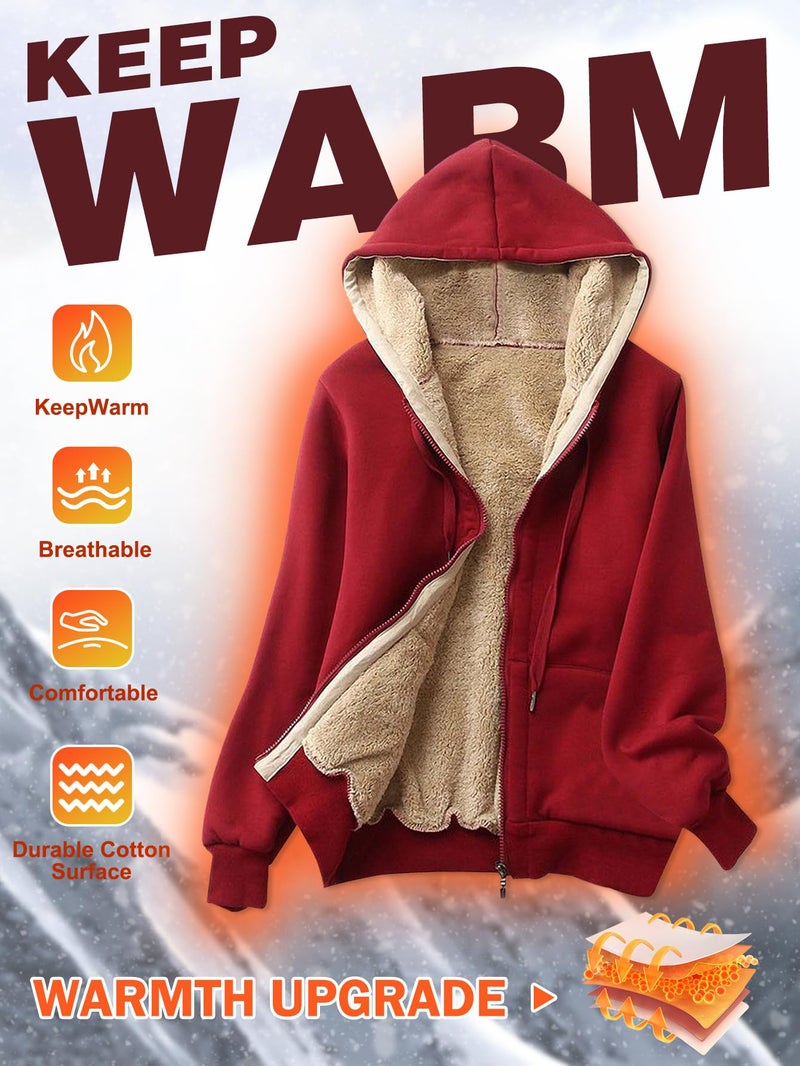 Gihuo Women's Sherpa Lined Hooded Sweatshirt Zip Up Winter Warm Hoodie Comfy Hooded Fleece Jacket (US, Alpha, X-Large, Regular, Regular, Winered) - Image 3
