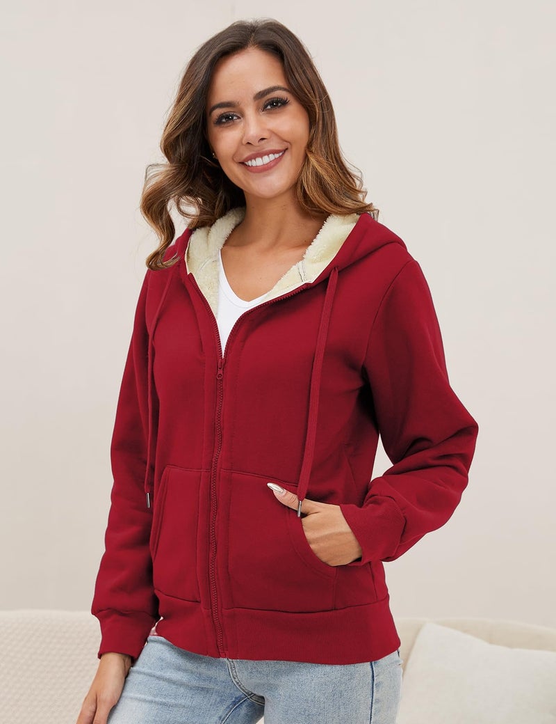 Gihuo Women's Sherpa Lined Hooded Sweatshirt Zip Up Winter Warm Hoodie Comfy Hooded Fleece Jacket (US, Alpha, X-Large, Regular, Regular, Winered) - Image 2