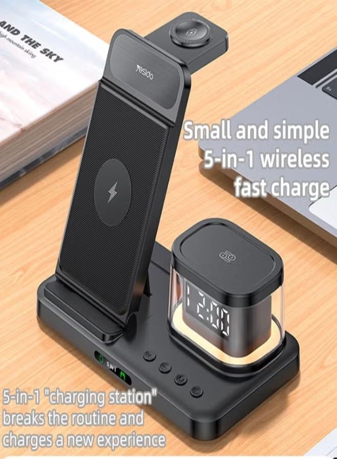 Yesido DS23 5-in-1 Wireless Charging Station with Clock – Fast Charger for Android & iOS | Multifunction Desk Organizer with Alarm Clock, Phone Stand & Night Light - Image 2