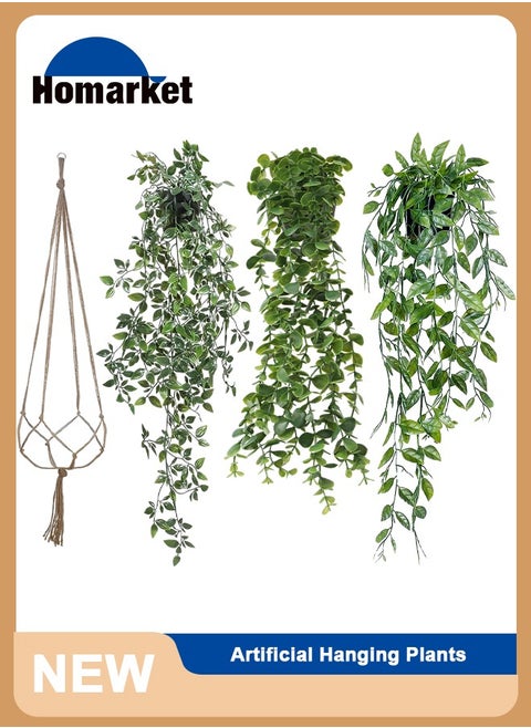 Artificial Hanging Plants, 3 Pack Fake Hanging Plants Fake Potted Greenery Plants Faux Eucalyptus Vine, Mandala Vine in Pot with Macrame Plant Hangers and Hook for Home Room Indoor Outdoor Shelf Decor