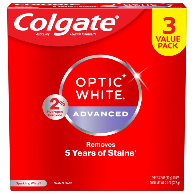 Colgate Optic White Advanced Hydrogen Peroxide Toothpaste, Teeth Whitening Toothpaste Pack, Enamel-Safe Formula, Helps Remove Tea, Coffee, and Wine Stains, Sparkling White, 3 Pack, 3.2 oz - Image 1