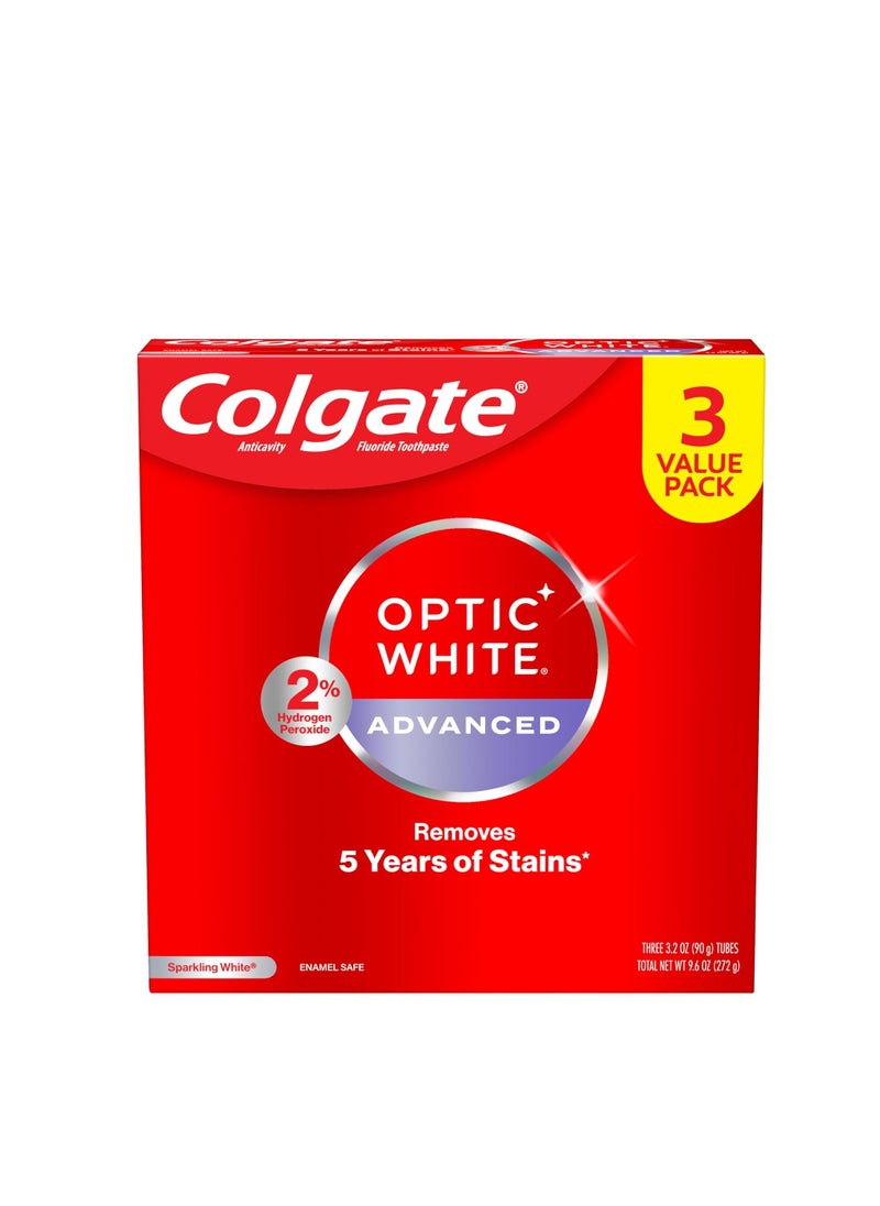 Colgate Colgate Optic White Advanced Hydrogen Peroxide Toothpaste, Teeth Whitening Toothpaste Pack, Enamel-Safe Formula, Helps Remove Tea, Coffee, and Wine Stains, Sparkling White, 3 Pack, 3.2 oz  - Image 1