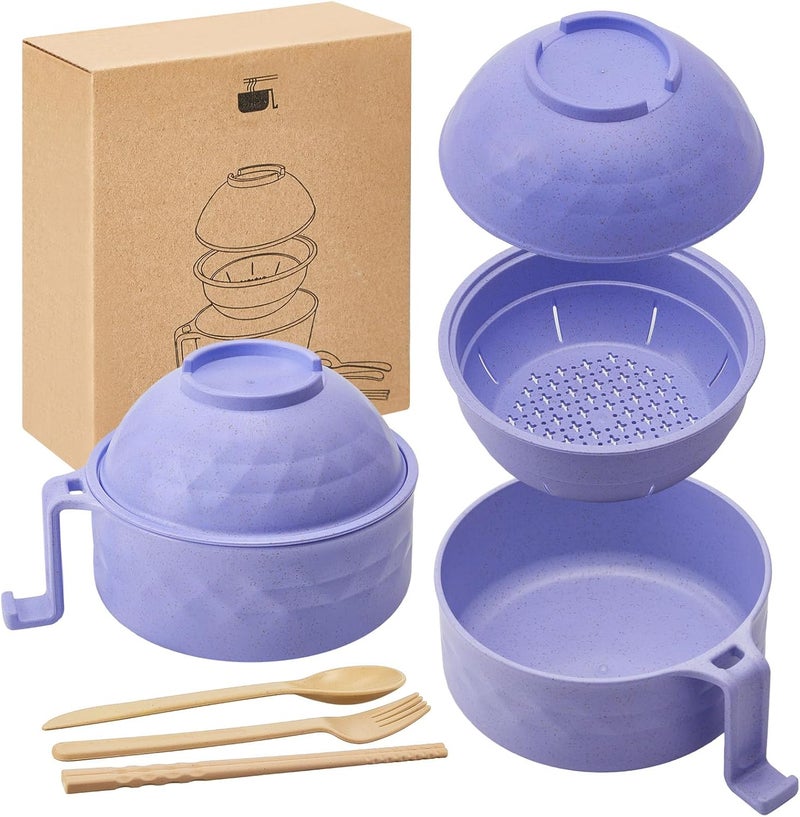 Romooa 1 Set Microwave Ramen Bowl Set 33 oz Wheat Straw Instant Ramen Cooker Set Portable Noodle Cooker with Handle Noodle Bowl with Spoon Chopsticks Fork College Dorm Room Purple - Image 1