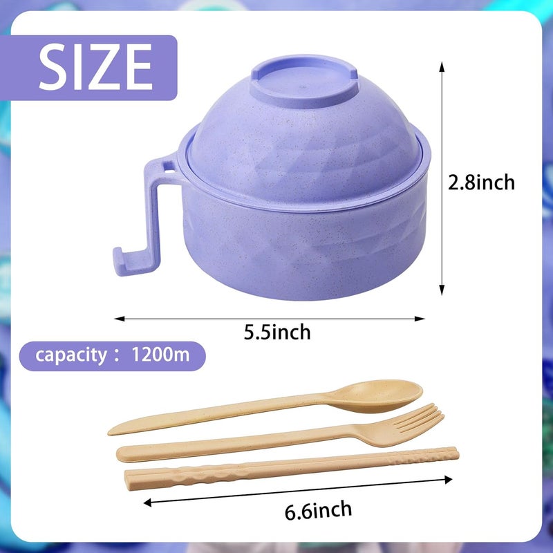 Romooa 1 Set Microwave Ramen Bowl Set 33 oz Wheat Straw Instant Ramen Cooker Set Portable Noodle Cooker with Handle Noodle Bowl with Spoon Chopsticks Fork College Dorm Room Purple - Image 2