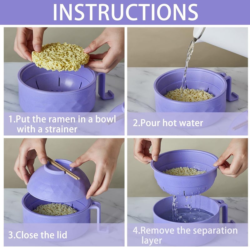 Romooa 1 Set Microwave Ramen Bowl Set 33 oz Wheat Straw Instant Ramen Cooker Set Portable Noodle Cooker with Handle Noodle Bowl with Spoon Chopsticks Fork College Dorm Room Purple - Image 4