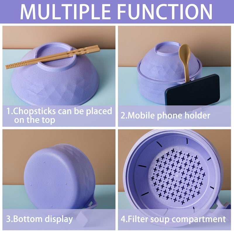 Romooa 1 Set Microwave Ramen Bowl Set 33 oz Wheat Straw Instant Ramen Cooker Set Portable Noodle Cooker with Handle Noodle Bowl with Spoon Chopsticks Fork College Dorm Room Purple - Image 3