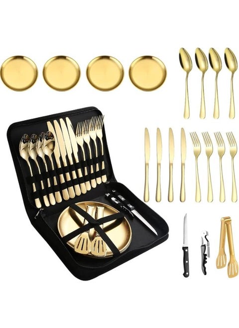 Set for 4 Portable Tableware Plates Silverware Forks Spoons knives Bottle Opener Food Tongs Complete Kit with Zipper Bag