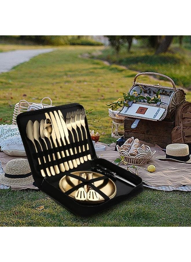 Set for 4 Portable Tableware Plates Silverware Forks Spoons knives Bottle Opener Food Tongs Complete Kit with Zipper Bag